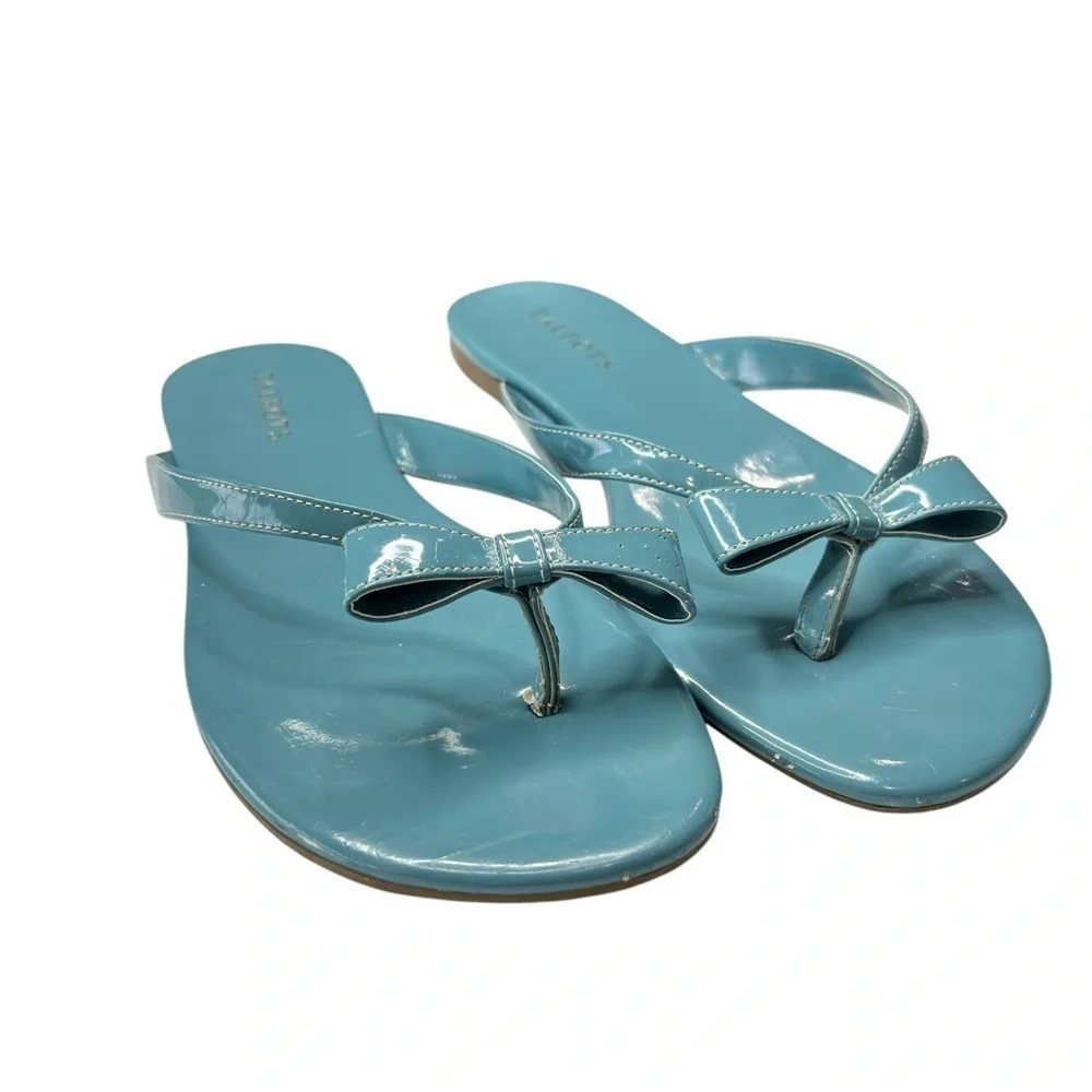 Talbots Womens Blue Sandals Patent Leather Flats Flip Flops with Bow Size US 9